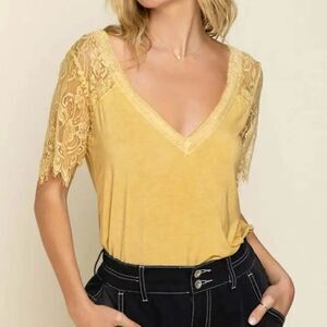 POL Sweetheart Confession Lace Sleeve and Shoulder Tee Shirt Gold Size Small